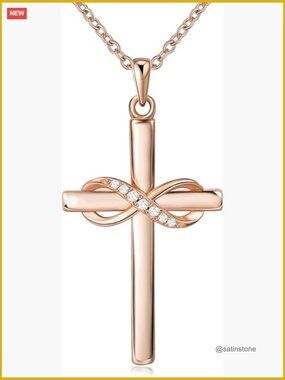 925 Sterling Silver Cross Infinity Necklace Rose Gold Plated Pendant Adjustable